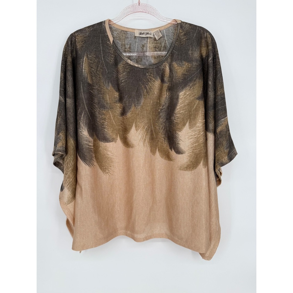 Gold Flava‎ Sz 24 Hawk Women's Knit Feather Print Poncho Cape Top Light Brown